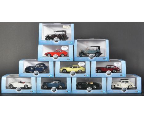 A collection of x10 assorted Oxford Diecast 1/43 scale model cars to include: Jaguar XK150 Roadster, SS Jaguar, Jaguar V12 E 