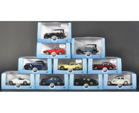 A collection of x10 assorted Oxford Diecast 1/43 scale model cars to include: Jaguar XK150 Roadster, SS Jaguar, Jaguar V12 E 