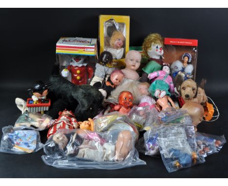 A large collection of assorted vintage bears, dolls and other toys to include; Pelham Puppet Fairy, Chad Valley tinplate tea 