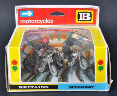 An original vintage Britain's 1/32 scale diecast model No. 9684 Speedway Motorcycle Racers. The models each with rider figure