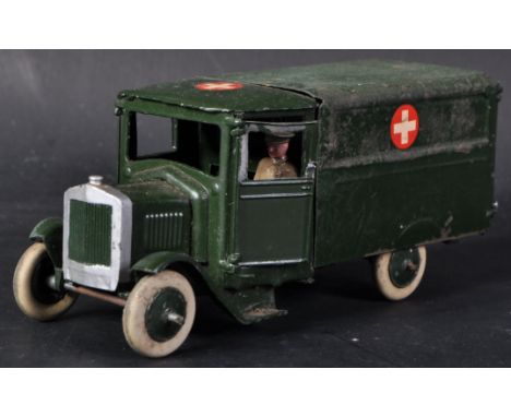 An original vintage Britain's made diecast model No. 1512 Army Ambulance. The model with driver figure, x1 stretcher, rubber 