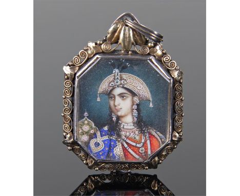 19th Century Indian portrait miniature, on ivory, of a lady, mounted within a silver frame, 35mm wide, 55mm high including lo