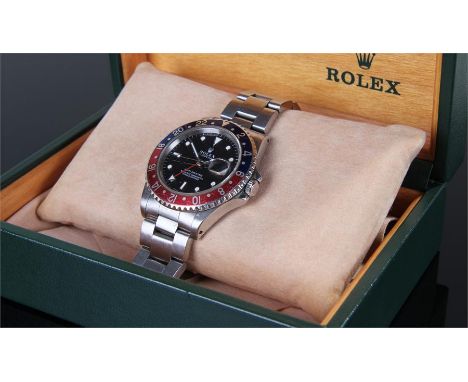 Rolex GMT Master gentleman's stainless steel wristwatch, serial number E572030, model 16700, the Pepsi bezel with black dial,