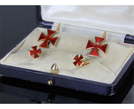Swedish 18 carat gold and red enamel cross cufflinks and studs, Swedish hallmarks, maker J.P. with red enamel crosses on 18 c