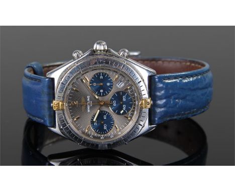 Breitling stainless steel gentleman's wristwatch, the silvered signed dial with blue subsidiary dials, date aperture, gilt ha