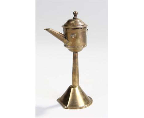 19th Century miniature spout lamp, the finial lid above a long spout and column base, raised on a conical foot, 12cm high