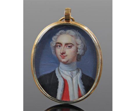 Portrait miniature, possibly Christian Richter, (Swedish 1678-1732) of a gentleman with black lined fur coat, in yellow metal