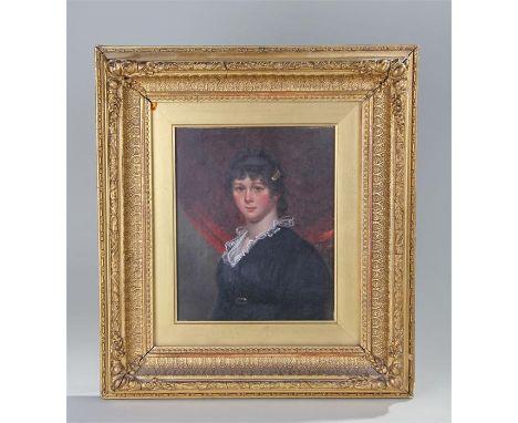 19th Century English school, portrait of a lady, oil on canvas, the lady with hair back, black dress with white collar, house
