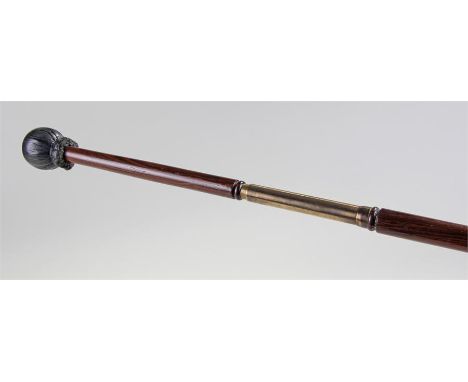 19th Century rosewood and brass naul stick, with leather clad ball end, detachable shaft section held with brass mount, turne