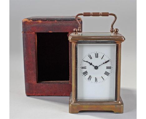 R & Co 20th Century carriage clock, with five bevelled glass case, white enamelled dial, roman hours, lever platform escapeme