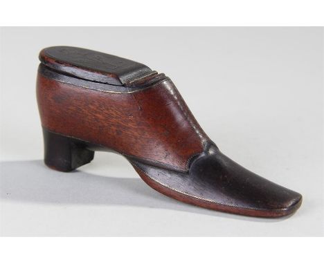19th Century mahogany and pique work shoe snuff box, with a hinged lid and pique work showing a flower, the buttoned shoe arc