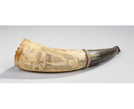 Unusual scrimshawed powder horn, possibly Irish, the cow horn with etched images depicting a cloaked and crowned figure holdi