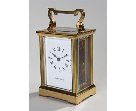 Mappin & Webb gilt brass carriage clock, with five bevelled glass case, white signed enamel dial, lever platform escapement, 