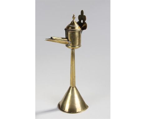 19th Century brass spout lamp, with a long spout attached to a reservoir, long tapering column and conical base, 30cm high