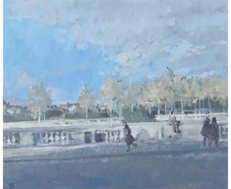 Tom Coates, (b 1941-) Evening light on the South Bank, oil on canvas, monogram TJC bottom left, dated to the reverse 1988, 30