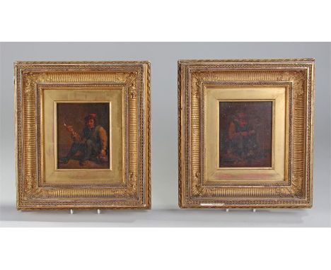 After Rembrandt, a pair of oil on boards, of a man smoking a clay pipe, and a man peeling fruit, housed within gilt gesso fra
