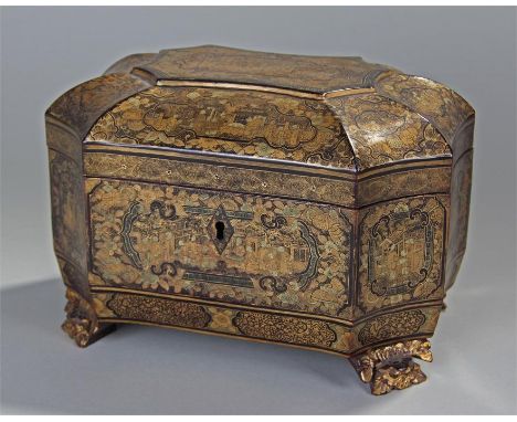 Mid 19th Century Chinese export black lacquer papier mache tea caddy, the black lacquered box decorated in gilt with figures 