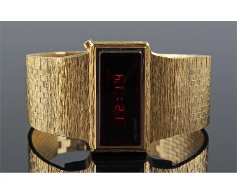 Rotary LED digital gold plated gentleman's wristwatch, circa 1977/78, the rectangular dial with time, day/date and seconds, d