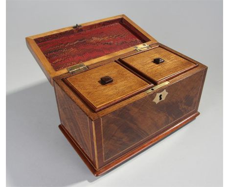 Victorian mahogany and inlaid tea caddy, with star inlaid to the top and conforming spandrels, with escutcheon plate, the int