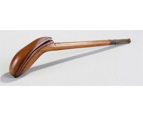 19th Century brass strapped pipe case, with a brass end and brass banding to the hinged base, 26cm long