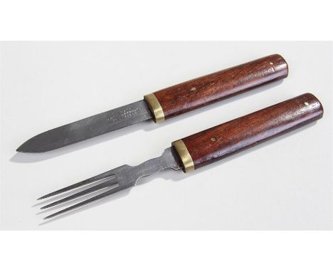 19th Century campaign knife and fork set, maker Scotia J.MS Glory & Sons Sheffield, with mahogany handles, 20cm long