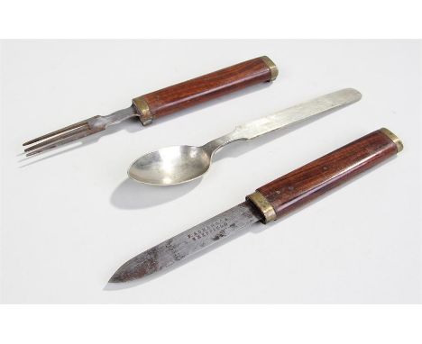 19th Century campaign cutlery, maker F. Asman & Co, Sheffield, with fork, knife and spoon, teak handles