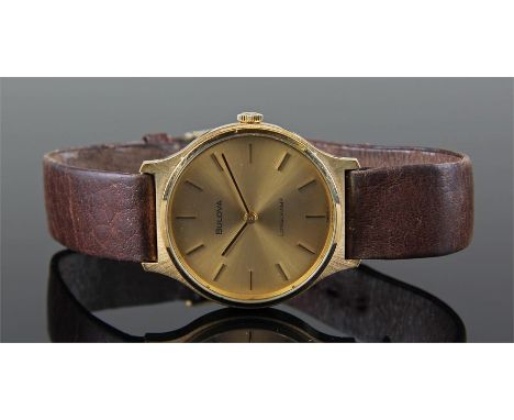 Bulova Longchamp gold plated gentleman's wristwatch, the gilt dial with black lined hour baton makers, manual wind, dial 33mm