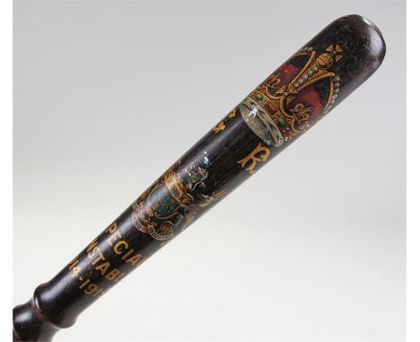 WW I Special Constable truncheon, polychrome decorated with a crown above a shield and the text 'Special Constable 1914-1919'