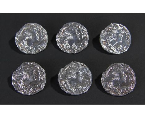 Set of six Art Nouveau silver buttons, Birmingham 1901, maker W.M Hayes, with the profile face of a lady, leaf border, each b