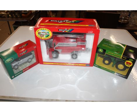 Three boxed Britains 1/32 models comprising: 40603 Range Rover in branded box, 00054 Massey Ferguson 7200 combine and 15525 J