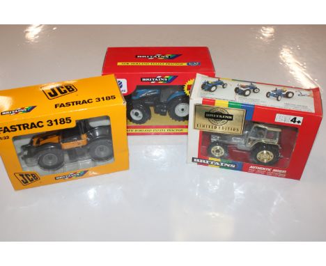 Three boxed Britains 1/32 models comprising: 5892 Centenary Tractor, 40848 New Holland TS 135A tractor and 40061 JCB Fastrac 