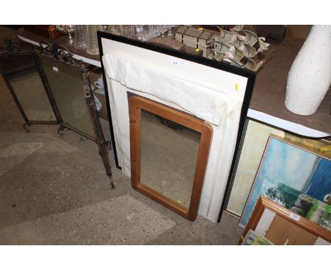 A pine framed wall mirror together with a Michael Flint coloured engraving, artist proof and a framed and glazed print 
