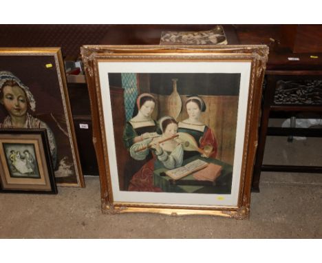 A Jenny Harbour print; a wool work portrait and a gilt framed print 