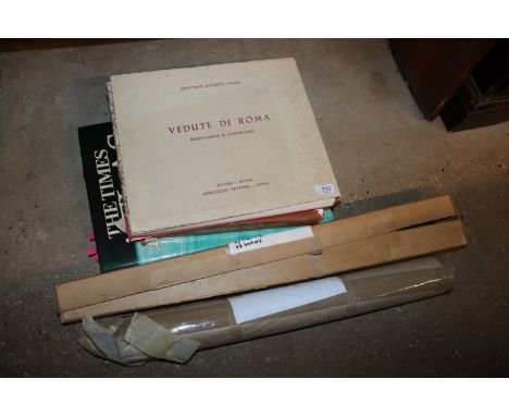A box of various Ordnance Survey maps; a volume of Vedute di Roma; a Times Atlas etc.