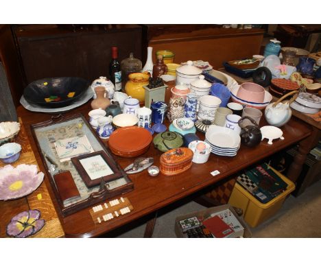 A needlework decorated hard wood twin handled tray and various storage jars, serving platter, novelty grinder etc. 