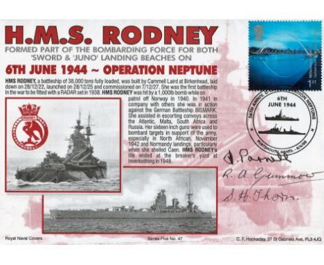 Multi Signed FDC. HMS Rodney Formed part of the bombardment force for both 'Sword' and 'Juno' landing beaches on 6th June 194