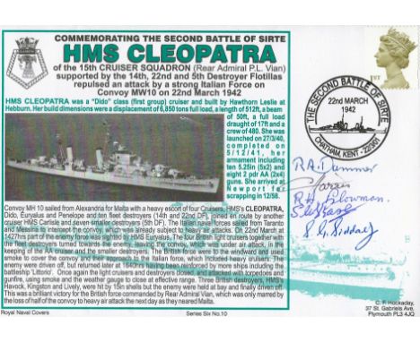 Multi signed FDC. Commemorating The Second Battle Of Sirte HMS Cleopatra of the 15th Cruiser Squadron (Rear Admiral P L Vian)