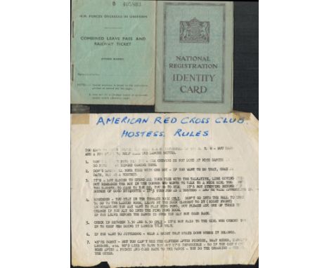 Collection of War Effects including American Hostess Rules sheet. Secret Iceland Leave, Return of Leave Personnel Dated 12/6/