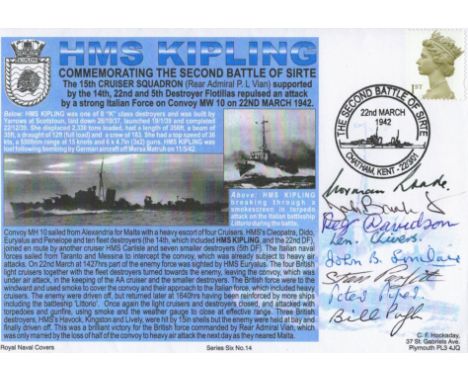 N Roake, J Bainbridge, R Davidson, Lt L Chivers, J Sinclair, S Parfitt, P Piper, W Pugh Signed FDC. HMS KIPLING Commemorating