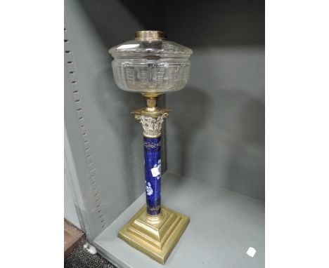 An elegant Victorian oil lamp having hand decorated Roman style column with ormolu decoration
no damage to note,
column made 