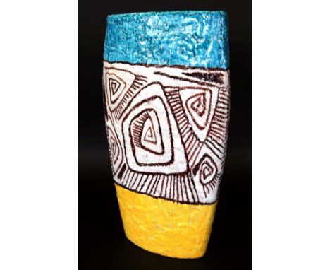 A large and impressive mid Century Italian vaseOf triangular form, decorated with stylised motifs, painted in shades of turqu