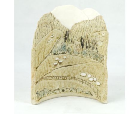 An Oxshott studio pottery sculpture by Rosemary Wren
Decorated with sheep in landscape scene, inscribed verso, height 21cm 