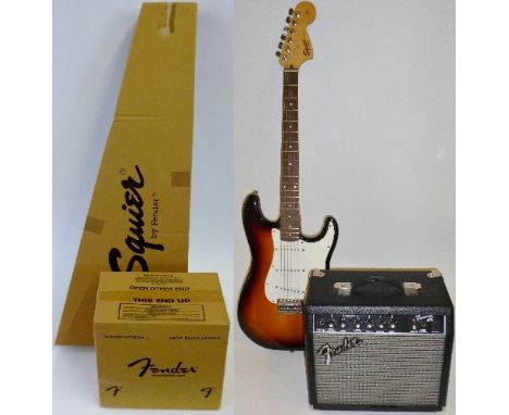 Squier Fender Strat Electric Guitar & Fender Frontman 15G Amplifier SetSunburst with white scratch plate made in Indonesia, 2