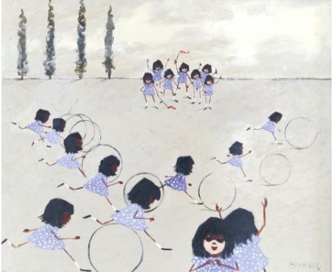 Frederick Park Fairer (British, 1910-1984) - 'Girls Playing Hoop'Oil on board, signed, approx 50x60cm, framed.