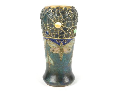 A fine quality Art Nouveau RSTK Amphora jeweled vaseOf tapering cylindrical form, finely decorated with spiders web, dragonfl