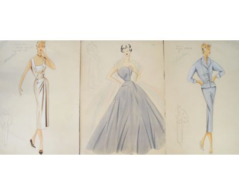 Three original 1950s drawings for clothing designsTo include Christian Dior, Faith and balmain, each unframed, 35 x 24cm 