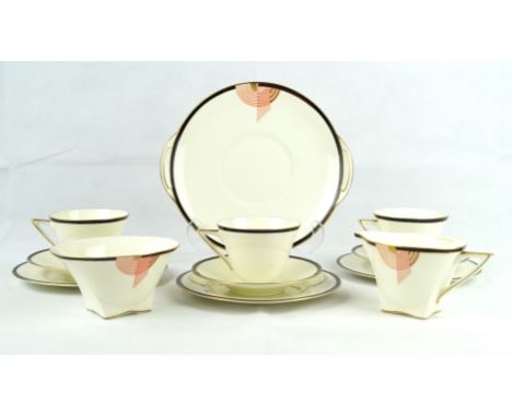 An Art Deco Royal Doulton part serviceDecorated in the 'Tango' pattern, comprising milk jug, sugar bowl, three cups, five sau