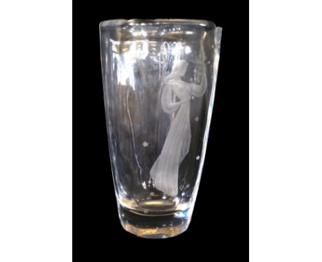 A contemporary Orrefors clear and frosted glass vaseHaving engraved decoration depicting a lady holding flowers, signed to ba