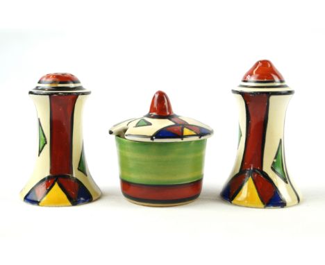 A Clarice Cliff Bizarre condiment setDecorated with geometric motifs, painted in reds, yellow, green and blues, factory marks