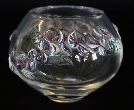 A Lalique France clear and enamelled glass vaseRelief decorated with floral sprays with enamel highlights, signed to base and